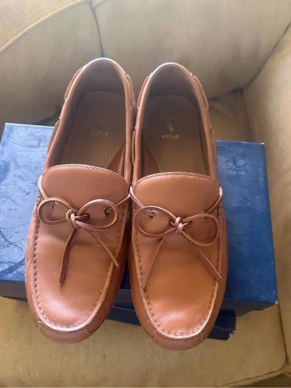 Polo by Ralph Lauren Tan Leather Bow-Detail Moccasins
